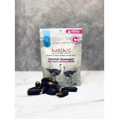 Salchichas de avestruz sudafricanas con infusión de rooibos, premios para perros, bolsa de 85 g