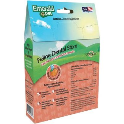 Golosinas dentales para gatos Feline Dental Stixx con salmón y calabaza, sin cereales, bolsa de 3.6 oz