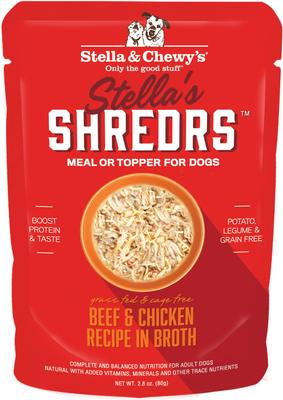 Stella's Shredrs Adult Grain-Free Grass Fed Beef & Wild Caught Salmon Recipe in Broth Wet Dog Food, 2.8-oz pouch, case of 12