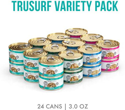 Comida enlatada para gatos TruLuxe TruSurf Variety Pack sin cereales, 3 oz, caja de 24