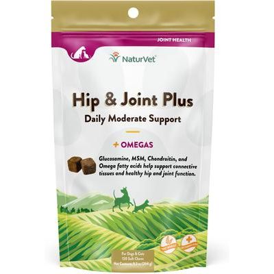 NaturVet, Hip & Joint Plus Omegas, masticables con glucosamina, condroitina, MSM y omegas para perros y gatos, 120 unidades