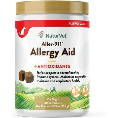 NaturVet, Aller-911 Allergy Aid, suplemento para alergias con omega-3 y cúrcuma, sabor tocino y pollo, 70 / 90 / 180 masticables