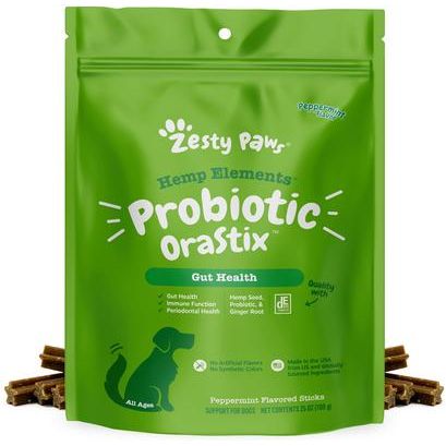 Zesty Paws, Hemp Elements Probiotic OraStix Gut Health para Perros, sabor Menta. 340 gr.