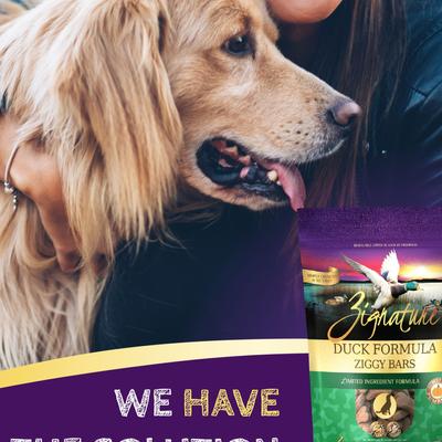 Paquete: Alimento seco para perros Zignature Duck con fórmula de ingredientes limitados y sin cereales, bolsa de 11.3 kg + Zignature Grain-Free Duck Formula Ziggy Bars Biscuit Dog Treats, bolsa de 355 g