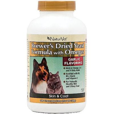 NaturVet, Brewers Dried Yeast with Omegas, tabletas masticables con vitaminas B y omega-3, 6 y 9 para perros y gatos, sabor tocino ahumado, 500 / 1,000 / 5,000 tabletas