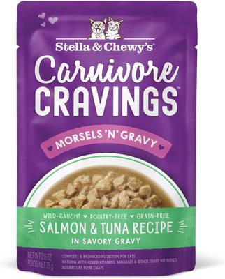 Carnivore Cravings Morsels'N'Gravy Salmon & Mackerel Recipe Cat Food, 2.8-oz pouch, case of 12