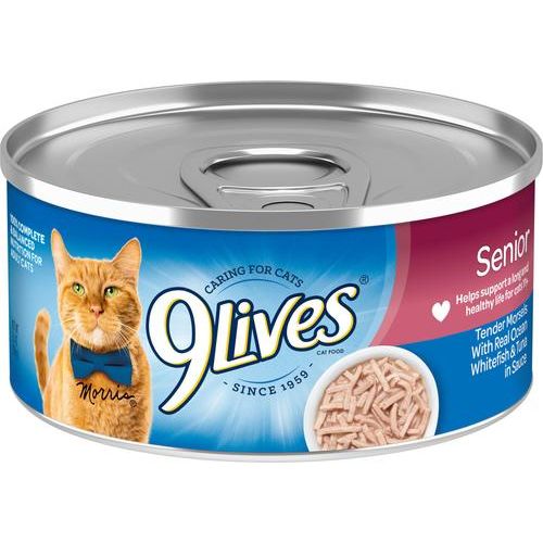 9Lives, Senior Shreds, pescado blanco de mar + atún en salsa, 156 g × 4 latas.