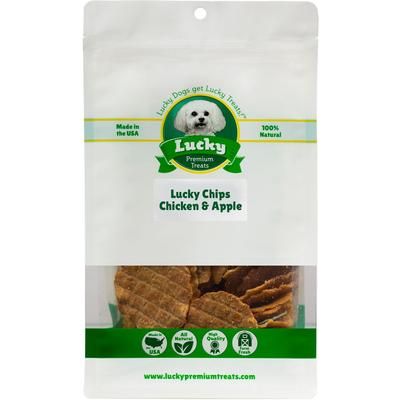 Premio de pollo y manzana para perros Lucky Chips, frasco de 6 oz