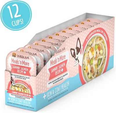 Comida húmeda natural para perros Meals 'n More, Jammin' Salmon Plus, salud de la piel y el pelaje, vaso de 3.5 oz, 12 unidades