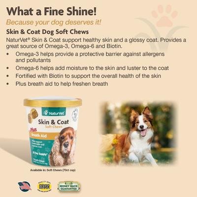 NaturVet, Skin & Coat Plus Breath Aid, masticables blandos con omegas, biotina y apoyo al aliento para perros, 70 unidades