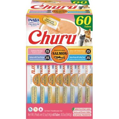 Golosinas para lamer sin cereales para gatos Churu de salmón con puré de atún, tubo de 0.5 oz, 24 unidades