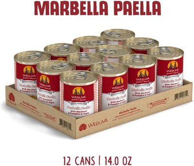 Comida enlatada para perros Marbella Paella con caballa y calabaza en áspic, sin cereales, 14 oz, caja de 12