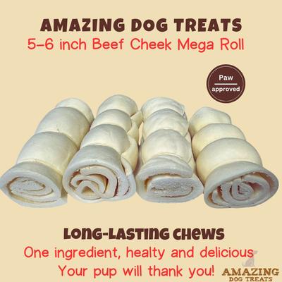 5 - 6-inch Mega Thick Beef Cheek Roll Dog Treats, 4 count