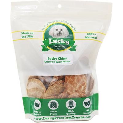 Premio Lucky Chips de pollo y boniato para perros, frasco de 170 g