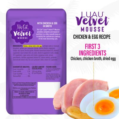 Luau Velvet Mousse - Alimento húmedo para gatos sin cereales con pollo y huevo, bolsa de 2.8 oz, caja de 12