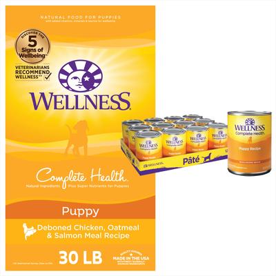 Bundle: Wellness Complete Health Puppy Deboned Chicken, Oatmeal & Salmon Meal Recipe Dry Dog Food, 15-lb bag + Wellness Complete Health Just for Puppy Canned Dog Food, 12.5-oz, case of 12