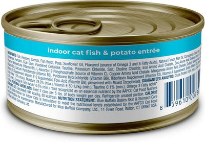 Comida enlatada para gatos adultos de interior Basics Skin & Stomach Care Grain-Free Fish & Potato Entree, 3 oz, caja de 24