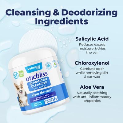 Bundle: Vetnique Labs Oticbliss Medicated Ear Rinse Cleanser, 12-oz bottle + Advanced Cleaning, Soothing, & Medicated Dog & Cat Ear Wipes, 100 count