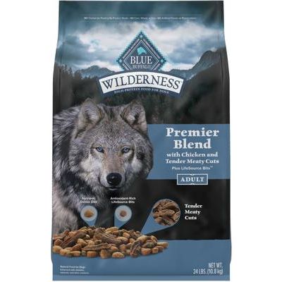 Alimento seco para perros adultos Blue Wilderness Premier Blend con cortes carnosos de pollo, bolsa de 4.5 lb