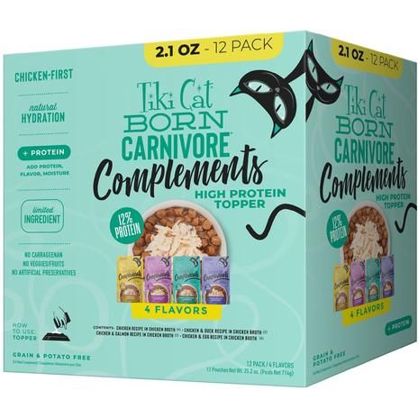 Born Carnivore Complements Chicken & Duck Recipe in Chicken Broth Grain-Free Wet Cat Food Topper, bolsa de 2.1 oz, caja de 12