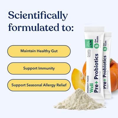 Probióticos Well Pre+ en polvo con sabor a calabaza para perros, suplemento digestivo, 30 unidades