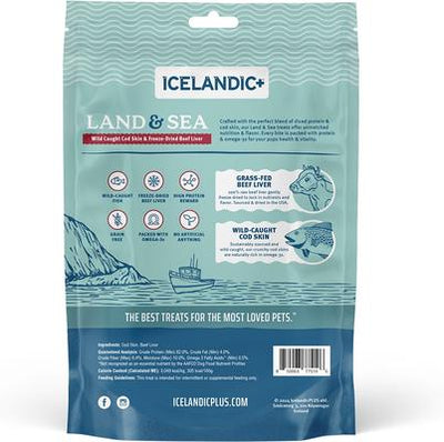 Premios liofilizados para perros Land & Sea de piel de bacalao e hígado de res, bolsa de 2.4 oz