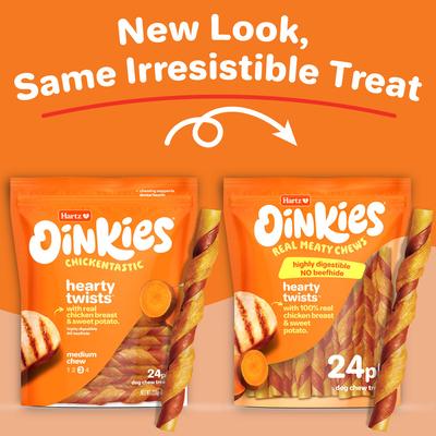 Oinkies Hearty Twists - Golosinas naturales para perros sin cuero crudo, 100 % pechuga de pollo y batata (24 unidades)