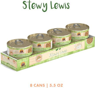 Comida enlatada para gatos Classic Cat Stewy Lewis: cordero, pollo y salmón en salsa, lata de 5.5 oz, caja de 8