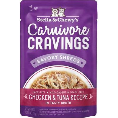Carnivore Cravings Salmon, Tuna & Mackerel Flavored Shredded Wet Cat Food, 2.8-oz pouch, case of 24