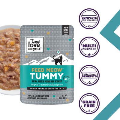 Alimento húmedo para gatos Feed Meow Tummy Tuna & Pumpkin Feast Grain-Free Chunks In Gravy, bolsa de 3 oz, caja de 24