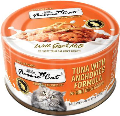 Comida húmeda para gatos de atún con anchoas en leche de cabra, lata de 2.47 oz, caja de 24
