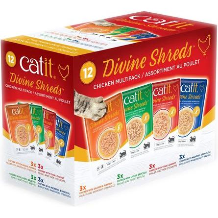 Paquete múltiple de aderezo de pollo Divine Shreds para gatos, bolsa de 2.65 oz, 12 unidades
