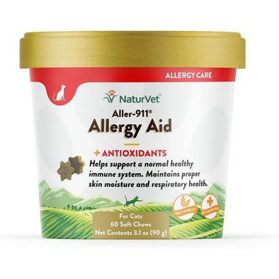 NaturVet, Aller-911 Allergy Aid Cat Soft Chews, antioxidantes y omega-3 para gatos, 60 masticables
