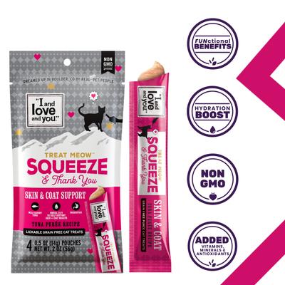 Treat Meow Skin & Coat Support - Golosinas para lamer con puré de atún para gatos, bolsa de 0.5 oz, caja de 96