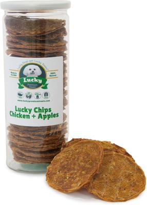 Premio de pollo y manzana para perros Lucky Chips, frasco de 6 oz