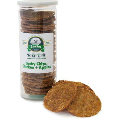 Premio de pollo y manzana para perros Lucky Chips, frasco de 6 oz