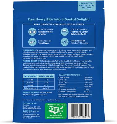 Masticables dentales de atún Kiss Me-Ow para limpieza, premios crujientes para gatos, bolsa de 177 g