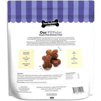 Premios para perros Savory Woofers de pavo y arándanos sin cereales, bolsa de 25 oz