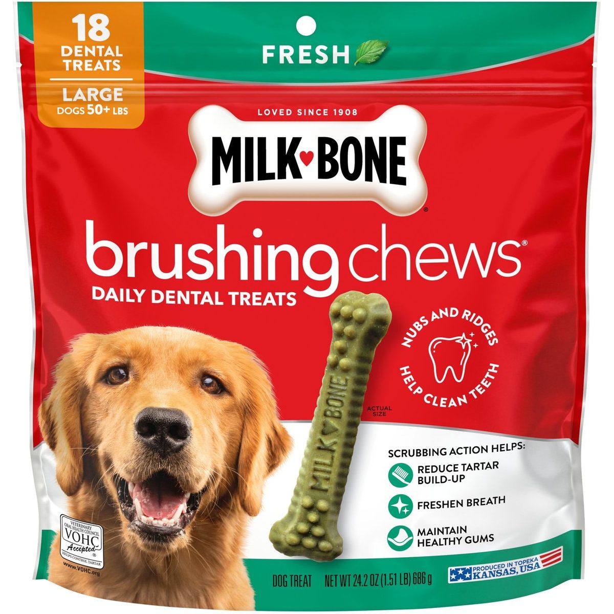 Milk-Bone Brushing Chews Menta Fresca, Large, 18 unidades, bolsa 24.2 oz