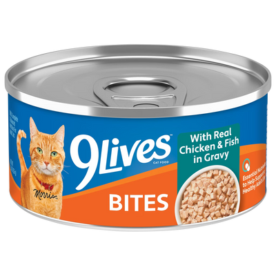 9Lives Bites pollo y pescado en salsa, fotografía oficial de la receta (lata individual; unidad de venta: caja de 24 latas)