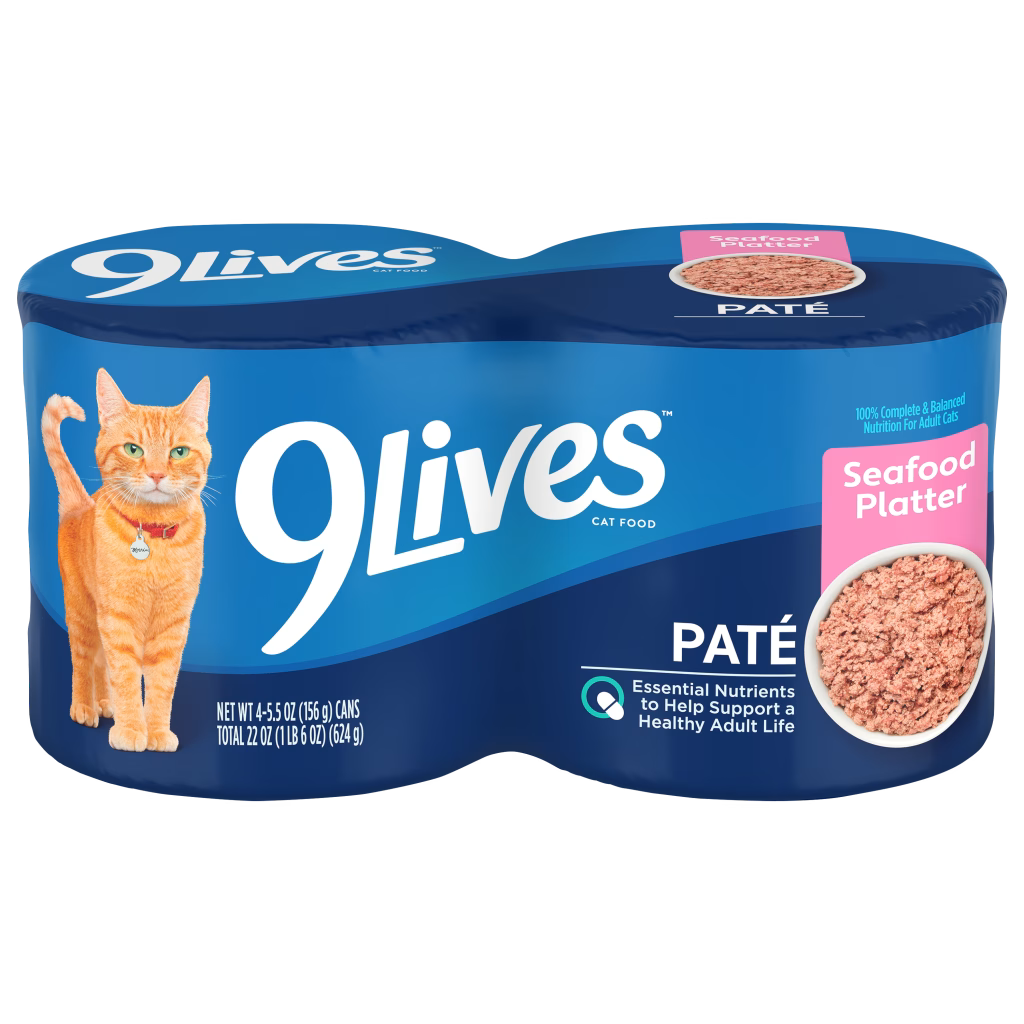 9Lives Paté Seafood Platter, empaque oficial de 4 latas de 156 g