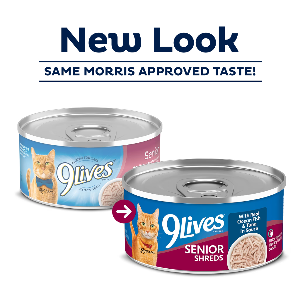 9Lives Senior Shreds pescado blanco y atún, 156 g × 4 latas, empaque oficial