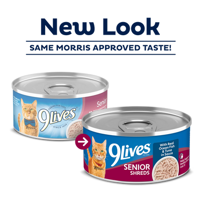 9Lives Senior Shreds pescado blanco y atún, 156 g × 4 latas, empaque oficial