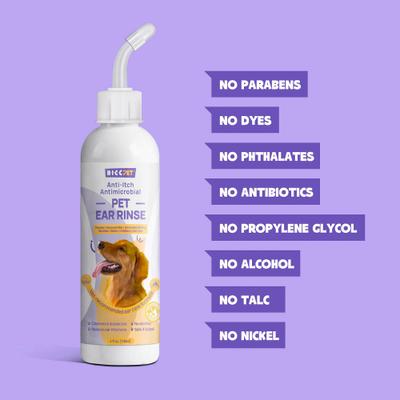 Bundle: HICC PET Antibacterial Ear Rinse with Cotton Swabs, 4-fl oz bottle + Relief Ear Finger Dog Cat & Small Pet Wipes