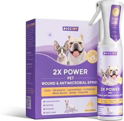 Bundle: HICC PET Deodorizing Glove Wipes, 20 count + 2X Power Wound & Antimicrobial Cat & Dog Skin Treatment Spray, 10.1-oz bottle