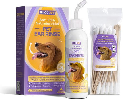 Bundle: HICC PET Antibacterial Ear Rinse with Cotton Swabs, 4-fl oz bottle + Relief Ear Finger Dog Cat & Small Pet Wipes