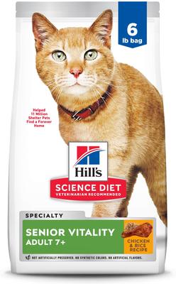 Paquete: Hill's Science Diet 7+ Senior Vitality Chicken Recipe + Alimento seco para gatos con pollo y arroz para piel y estómago sensibles