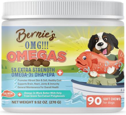 OMG! Omegas 5X Extra Strength Omega-3s DHA+EPA Skin & Coat, Allergy, Calming & Joint Support Pork Flavor Fish Oil Chews Supplement for Dogs, 90 count