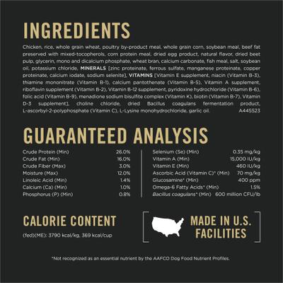 Alimento seco para perros con fórmula de pollo y arroz desmenuzado con alto contenido proteico y probióticos, bolsa de 35 lb