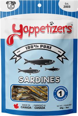 Premios deshidratados para perros con alto contenido proteico y sin cereales de sardinas, bolsa de 3 oz